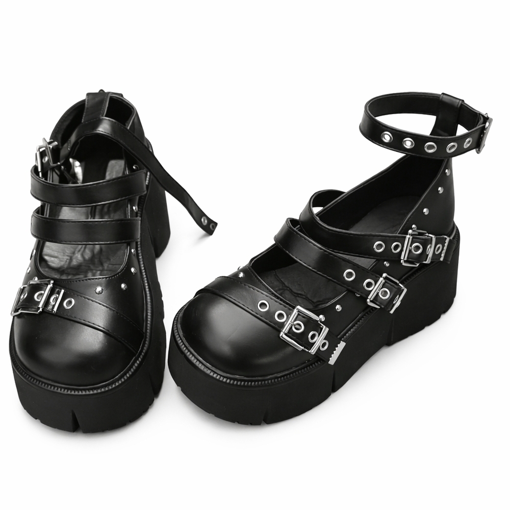 Black Platform Buckle Strap Shoes